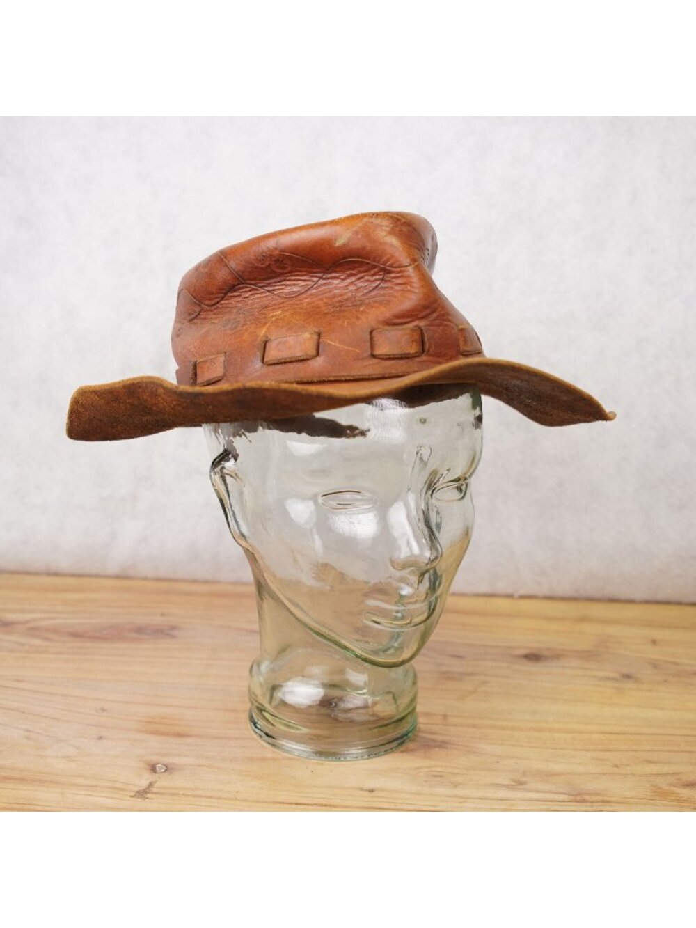 Vintage Brown Embossed Leather Cowboy Hat With Floral Desig Rustic Western Style